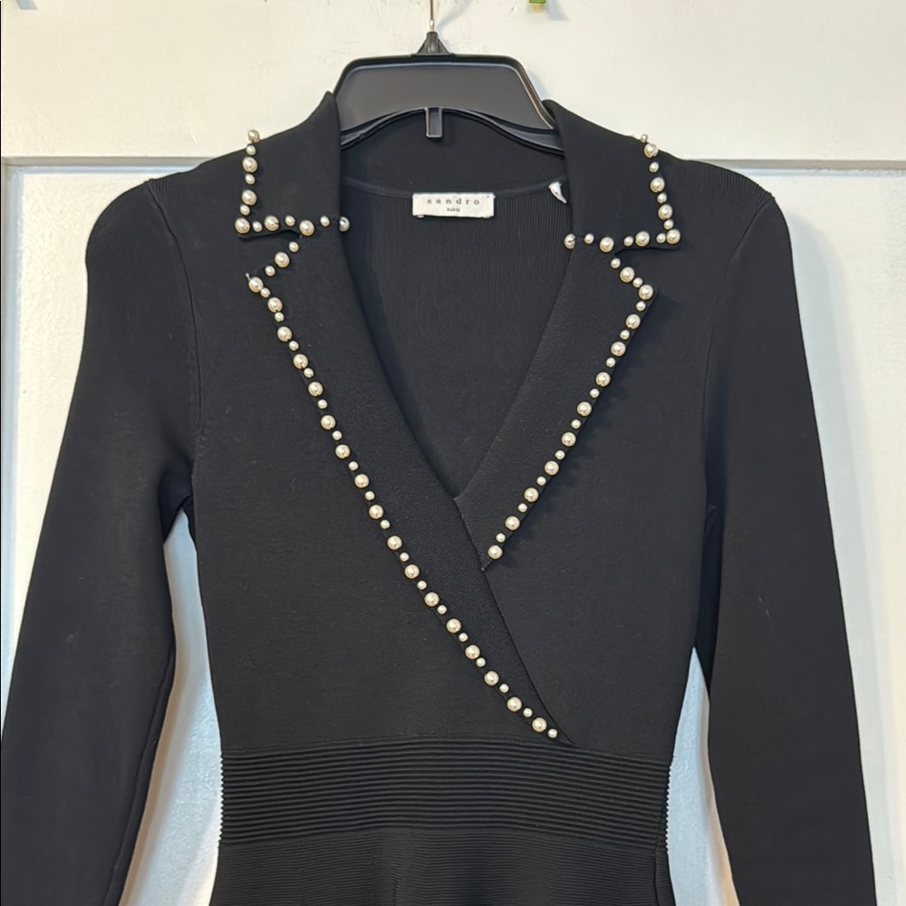 Sandro Elegant Black Dress with Pearl Accents